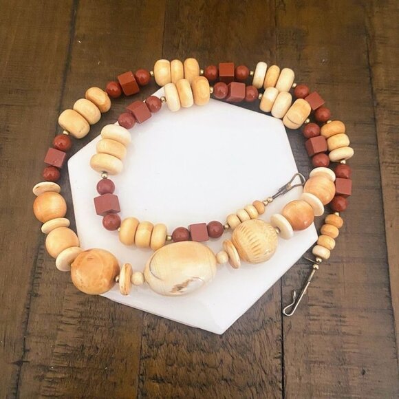 Vintage MJ Bone & Horn Necklace Red Jasper Square & Round Beads 27" - Picture 4 of 11
